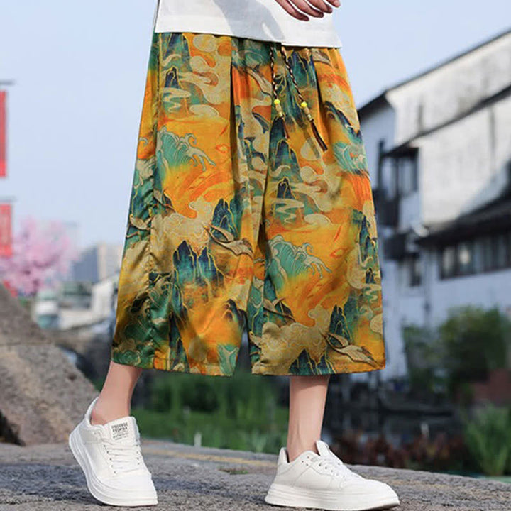 Buddha Stones Lässige, knöchellange Herrenhose im Vintage-Stil mit Kordelzug und Kranichmuster, Tasche - image 12