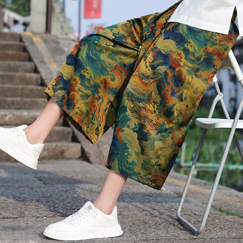 Buddha Stones Lässige, knöchellange Herrenhose im Vintage-Stil mit Kordelzug und Kranichmuster, Tasche - image 5