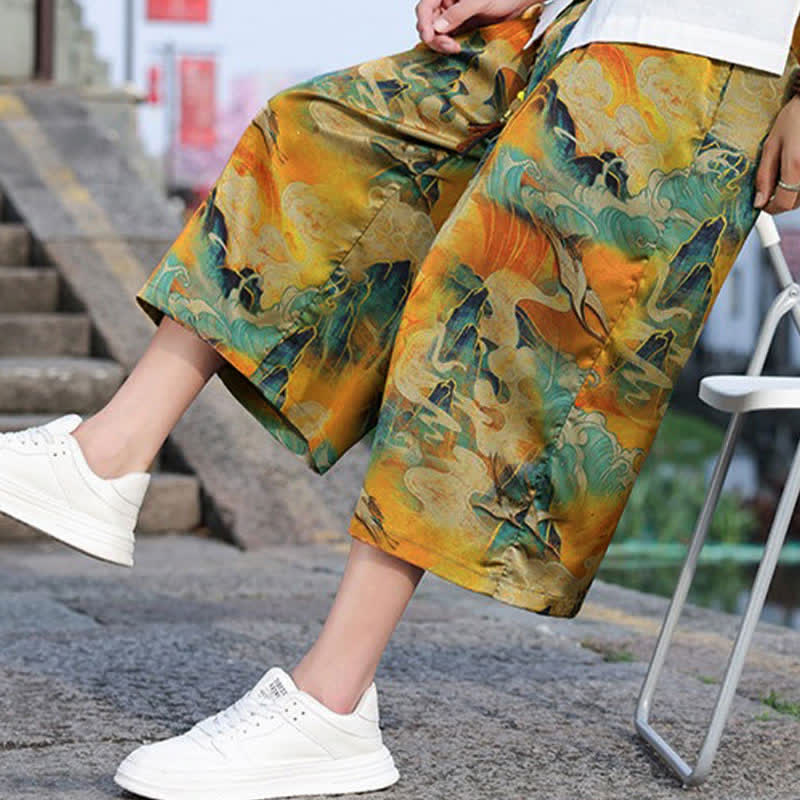 Buddha Stones Lässige, knöchellange Herrenhose im Vintage-Stil mit Kordelzug und Kranichmuster, Tasche - image 9