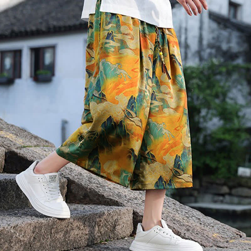 Buddha Stones Lässige, knöchellange Herrenhose im Vintage-Stil mit Kordelzug und Kranichmuster, Tasche - image 11
