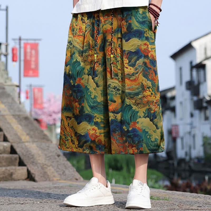 Buddha Stones Lässige, knöchellange Herrenhose im Vintage-Stil mit Kordelzug und Kranichmuster, Tasche - image 1