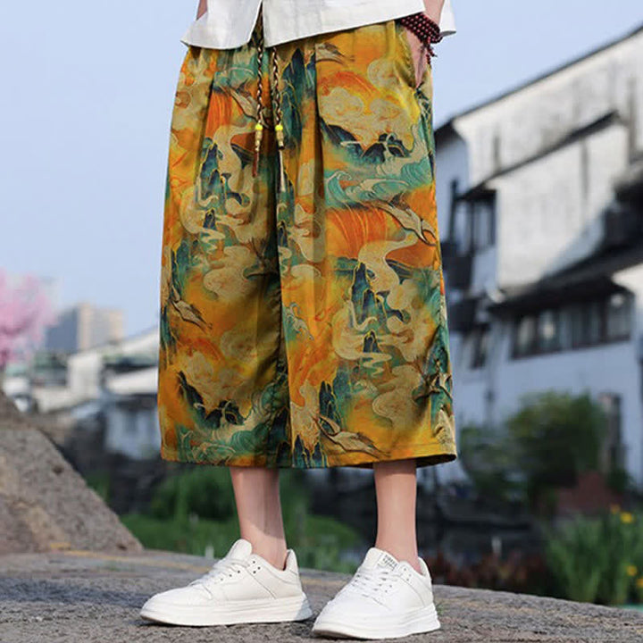 Buddha Stones Lässige, knöchellange Herrenhose im Vintage-Stil mit Kordelzug und Kranichmuster, Tasche - image 10