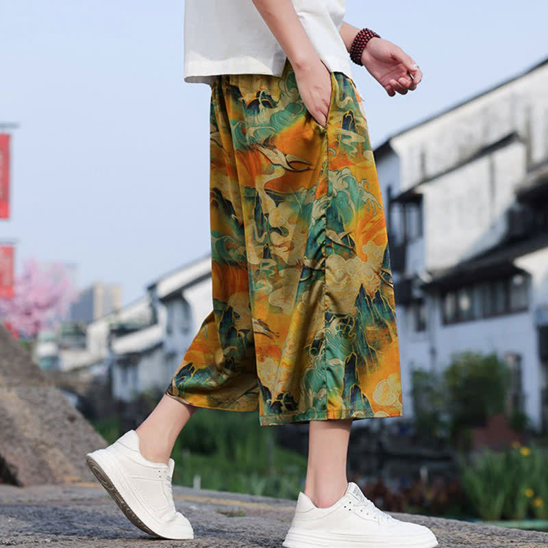 Buddha Stones Lässige, knöchellange Herrenhose im Vintage-Stil mit Kordelzug und Kranichmuster, Tasche - image 15