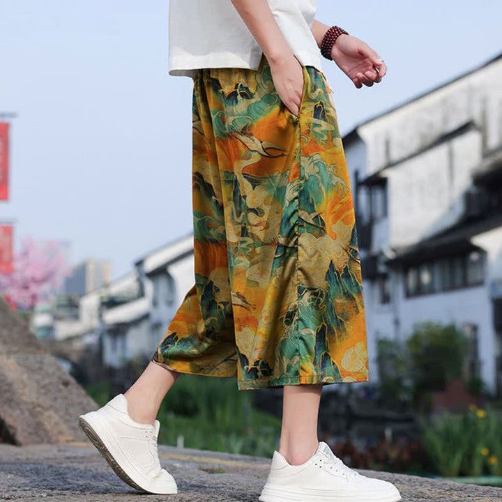 Buddha Stones Lässige, knöchellange Herrenhose im Vintage-Stil mit Kordelzug und Kranichmuster, Tasche - image 15