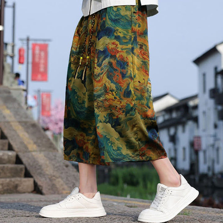Buddha Stones Lässige, knöchellange Herrenhose im Vintage-Stil mit Kordelzug und Kranichmuster, Tasche - image 3