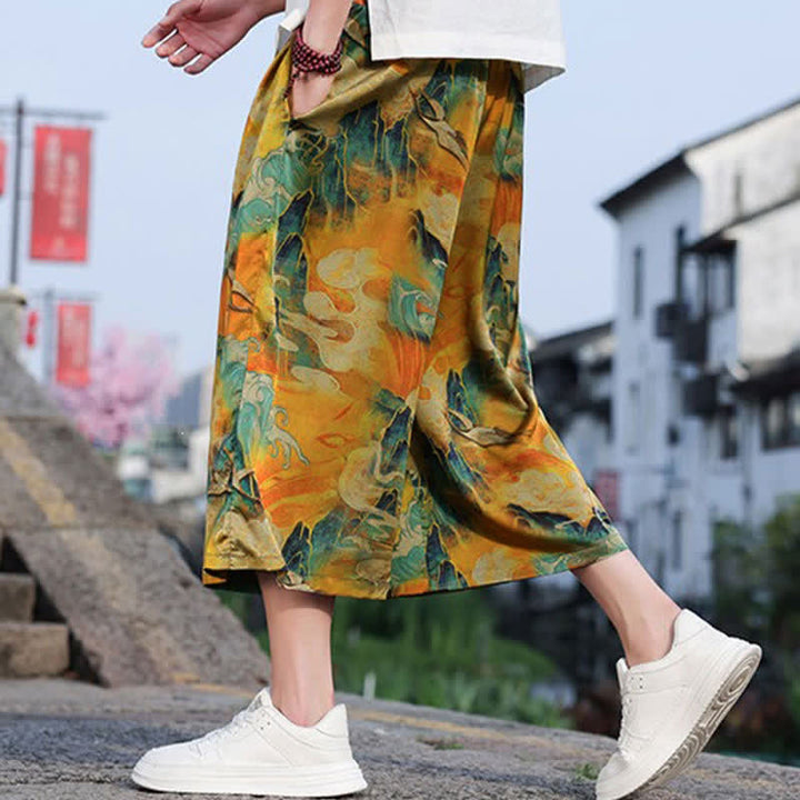 Buddha Stones Lässige, knöchellange Herrenhose im Vintage-Stil mit Kordelzug und Kranichmuster, Tasche - image 13