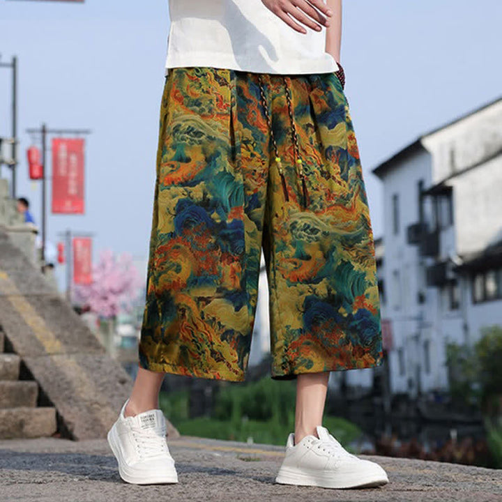 Buddha Stones Lässige, knöchellange Herrenhose im Vintage-Stil mit Kordelzug und Kranichmuster, Tasche - image 2
