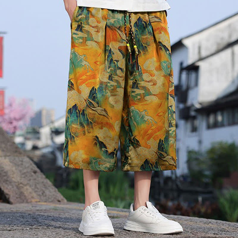 Buddha Stones Lässige, knöchellange Herrenhose im Vintage-Stil mit Kordelzug und Kranichmuster, Tasche - image 8