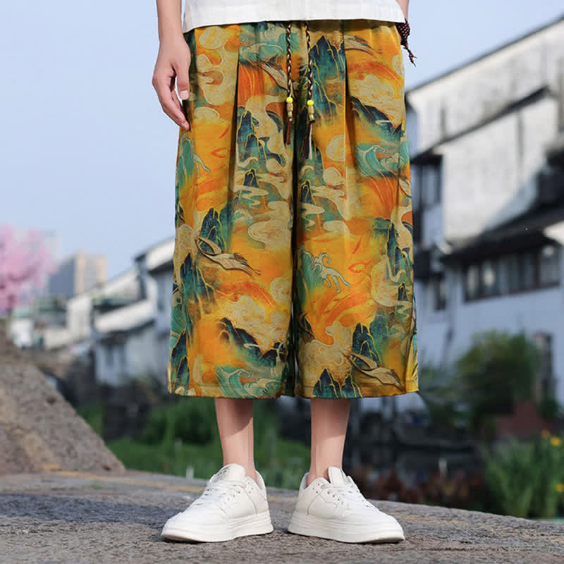 Buddha Stones Lässige, knöchellange Herrenhose im Vintage-Stil mit Kordelzug und Kranichmuster, Tasche - image 14