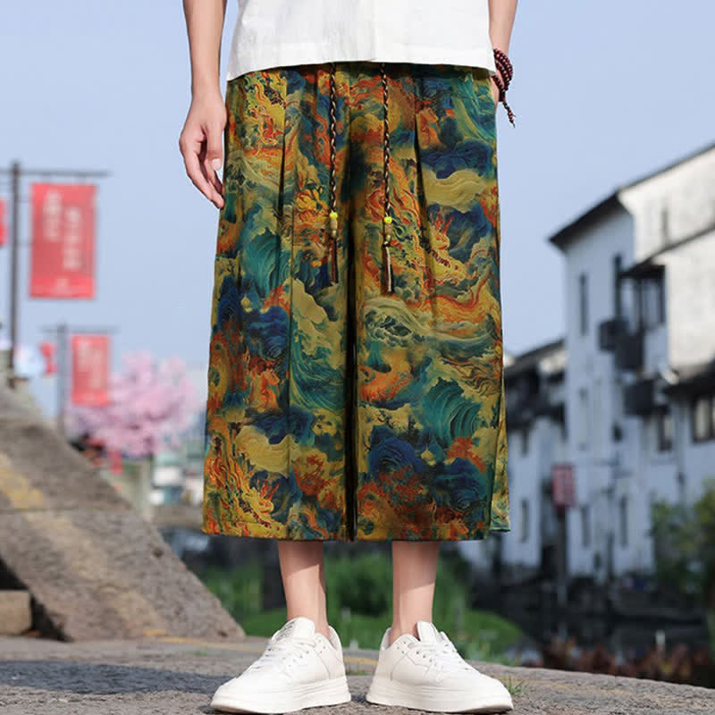 Buddha Stones Lässige, knöchellange Herrenhose im Vintage-Stil mit Kordelzug und Kranichmuster, Tasche - Dunkeltürkis - US/UK/AU48, EU58 (5XL) - image 0