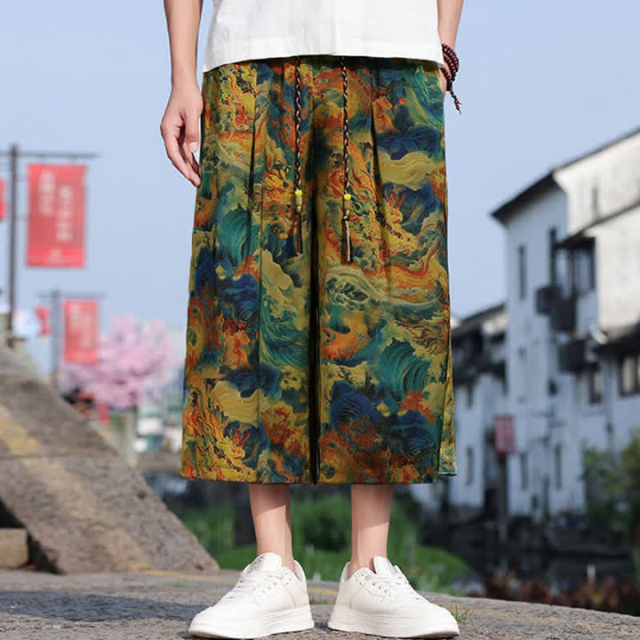 Buddha Stones Lässige, knöchellange Herrenhose im Vintage-Stil mit Kordelzug und Kranichmuster, Tasche - Dunkeltürkis - US/UK/AU48, EU58 (5XL) - image 0