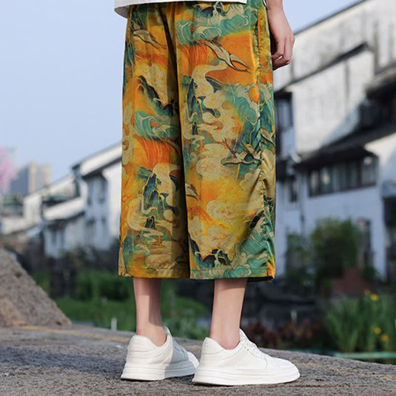 Buddha Stones Lässige, knöchellange Herrenhose im Vintage-Stil mit Kordelzug und Kranichmuster, Tasche - image 7