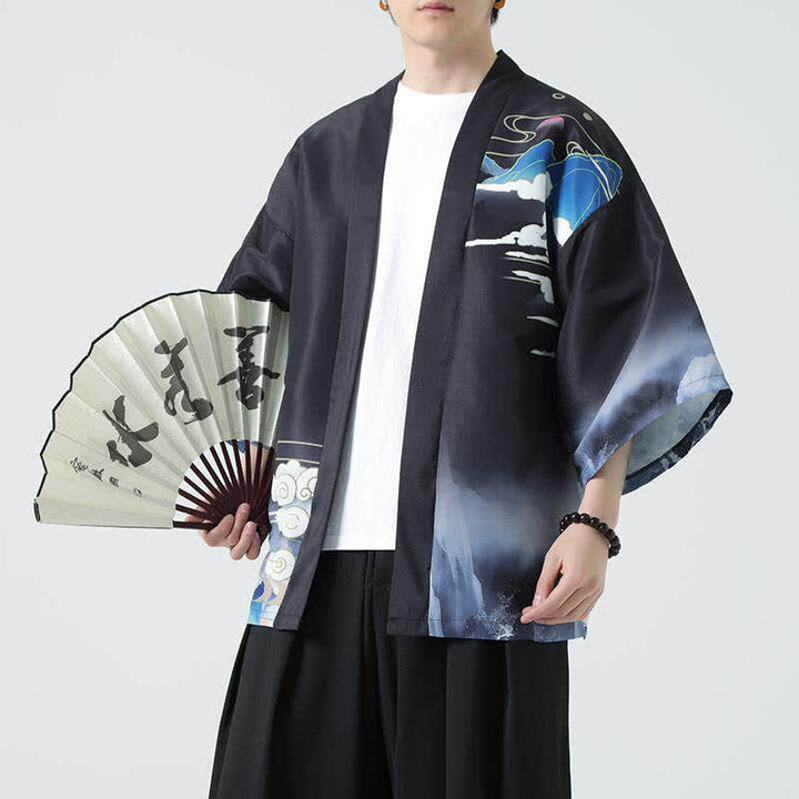 Buddha Stones Sommerliche, lässige Herrenkimonos mit Vintage-Kranichmuster - Kran - US/UK/AU48, EU58 (5XL) - image 0