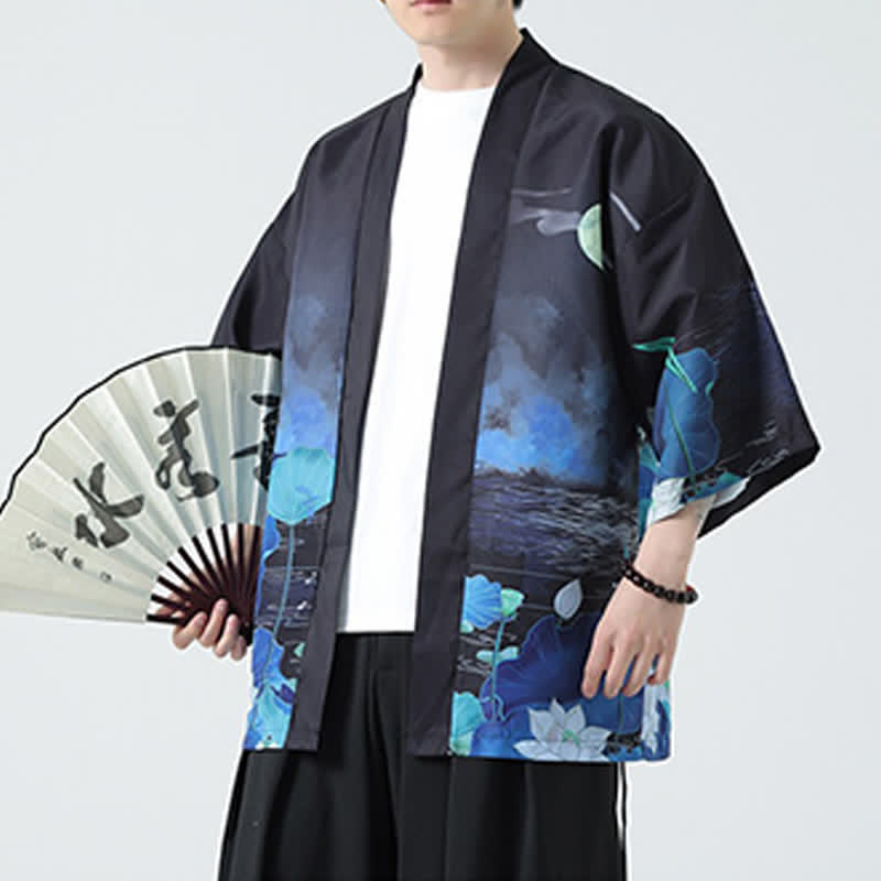 Buddha Stones Sommerliche, lässige Herrenkimonos mit Vintage-Kranichmuster - Lotus - US/UK/AU48, EU58 (5XL) - image 37