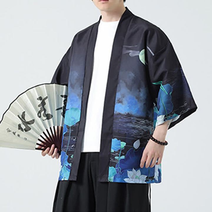 Buddha Stones Sommerliche, lässige Herrenkimonos mit Vintage-Kranichmuster - Lotus - US/UK/AU48, EU58 (5XL) - image 37