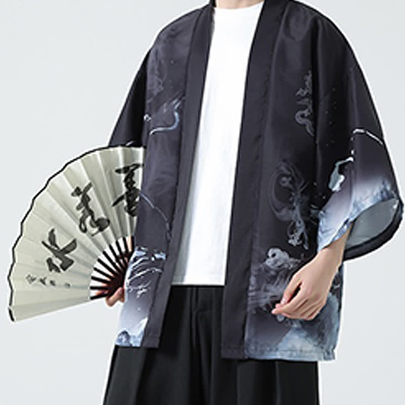 Buddha Stones Sommerliche, lässige Herrenkimonos mit Vintage-Kranichmuster - Drachen - US/UK/AU48, EU58 (5XL) - image 11