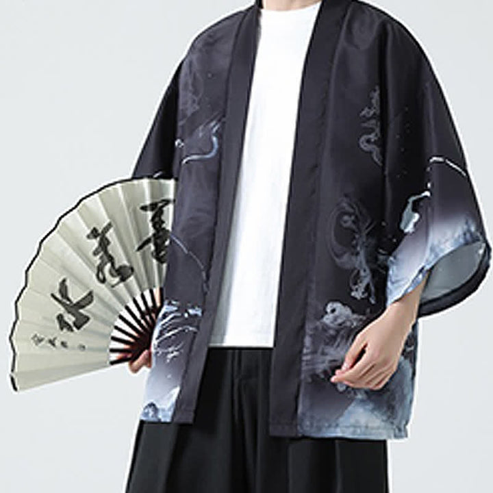 Buddha Stones Sommerliche, lässige Herrenkimonos mit Vintage-Kranichmuster - Drachen - US/UK/AU48, EU58 (5XL) - image 11
