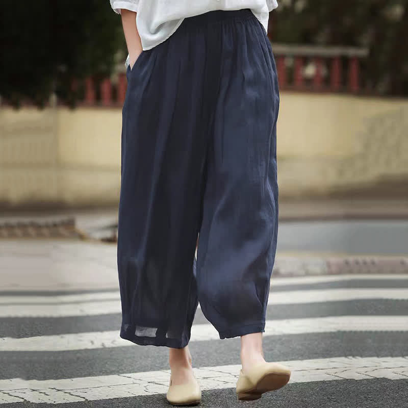Buddha Stones Lässige Sommer-Caprihose im Boho-Stil mit Kordelzug, einfarbig, Damenhose mit weitem Bein und Taschen - image 15