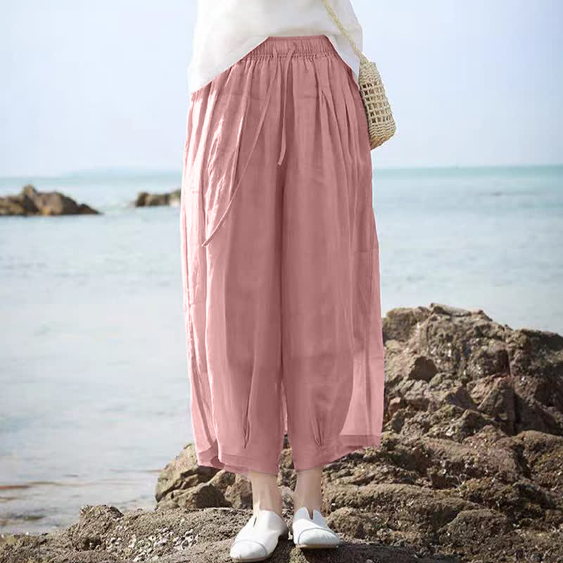 Buddha Stones Lässige Sommer-Caprihose im Boho-Stil mit Kordelzug, einfarbig, Damenhose mit weitem Bein und Taschen - image 29