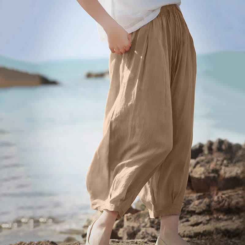 Buddha Stones Lässige Sommer-Caprihose im Boho-Stil mit Kordelzug, einfarbig, Damenhose mit weitem Bein und Taschen - image 8