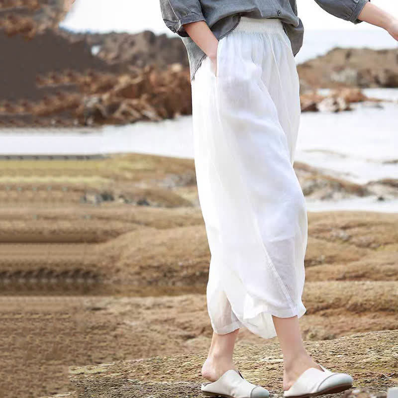 Buddha Stones Lässige Sommer-Caprihose im Boho-Stil mit Kordelzug, einfarbig, Damenhose mit weitem Bein und Taschen - image 53