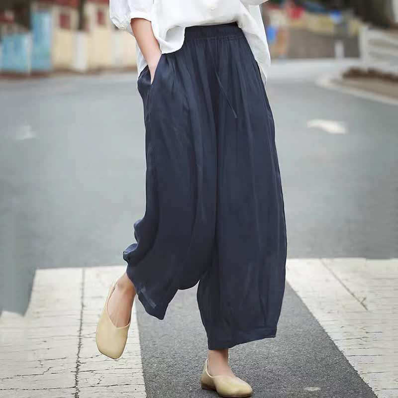 Buddha Stones Lässige Sommer-Caprihose im Boho-Stil mit Kordelzug, einfarbig, Damenhose mit weitem Bein und Taschen - image 18