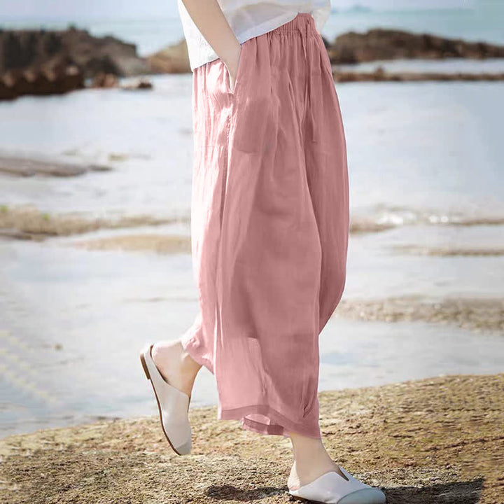 Buddha Stones Lässige Sommer-Caprihose im Boho-Stil mit Kordelzug, einfarbig, Damenhose mit weitem Bein und Taschen - image 31