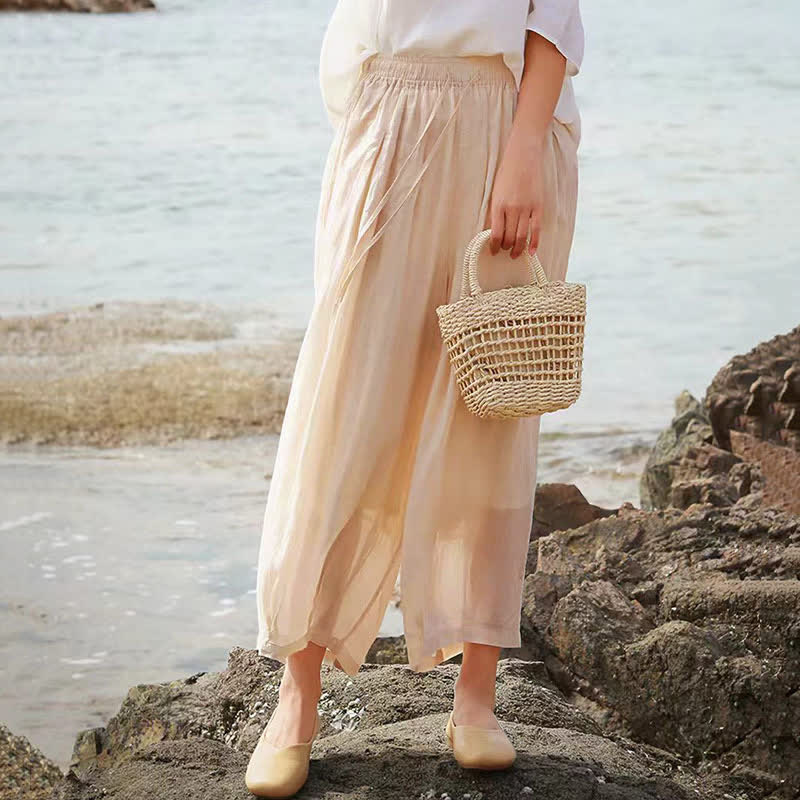 Buddha Stones Lässige Sommer-Caprihose im Boho-Stil mit Kordelzug, einfarbig, Damenhose mit weitem Bein und Taschen - image 39