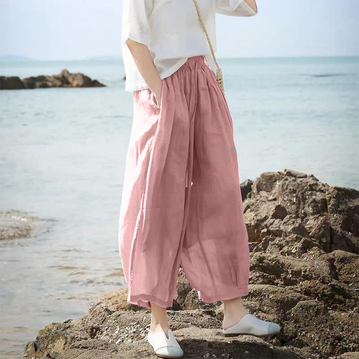 Buddha Stones Lässige Sommer-Caprihose im Boho-Stil mit Kordelzug, einfarbig, Damenhose mit weitem Bein und Taschen - image 30