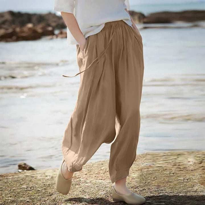 Buddha Stones Lässige Sommer-Caprihose im Boho-Stil mit Kordelzug, einfarbig, Damenhose mit weitem Bein und Taschen - image 6