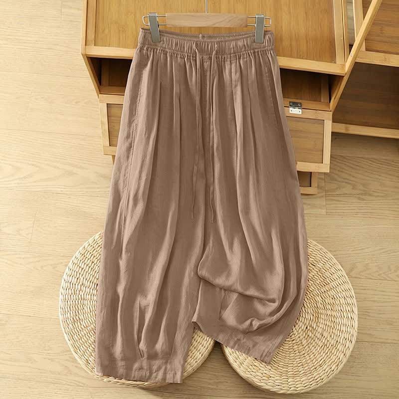 Buddha Stones Lässige Sommer-Caprihose im Boho-Stil mit Kordelzug, einfarbig, Damenhose mit weitem Bein und Taschen - Bräunen - US8-10, UK/AU12-14, EU40-42 (2XL) - image 0
