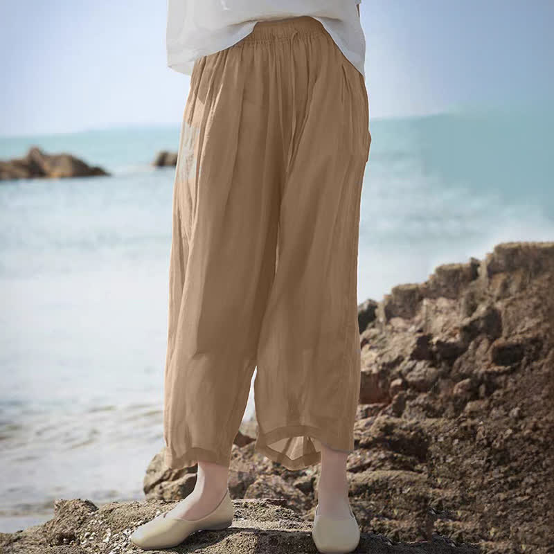Buddha Stones Lässige Sommer-Caprihose im Boho-Stil mit Kordelzug, einfarbig, Damenhose mit weitem Bein und Taschen - image 9