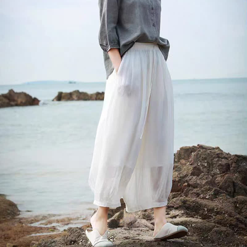 Buddha Stones Lässige Sommer-Caprihose im Boho-Stil mit Kordelzug, einfarbig, Damenhose mit weitem Bein und Taschen - image 52