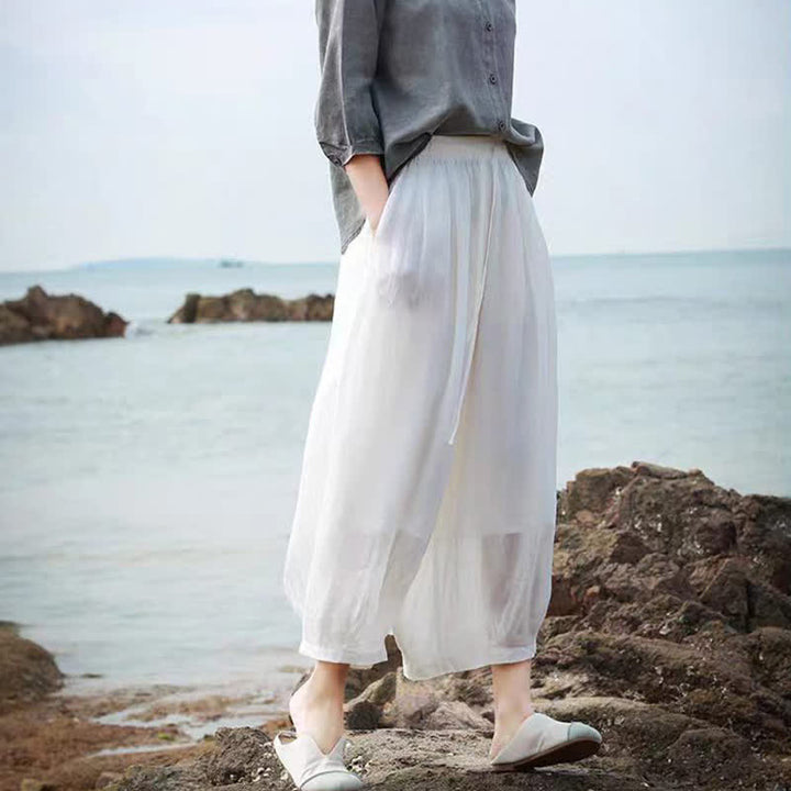 Buddha Stones Lässige Sommer-Caprihose im Boho-Stil mit Kordelzug, einfarbig, Damenhose mit weitem Bein und Taschen - image 52
