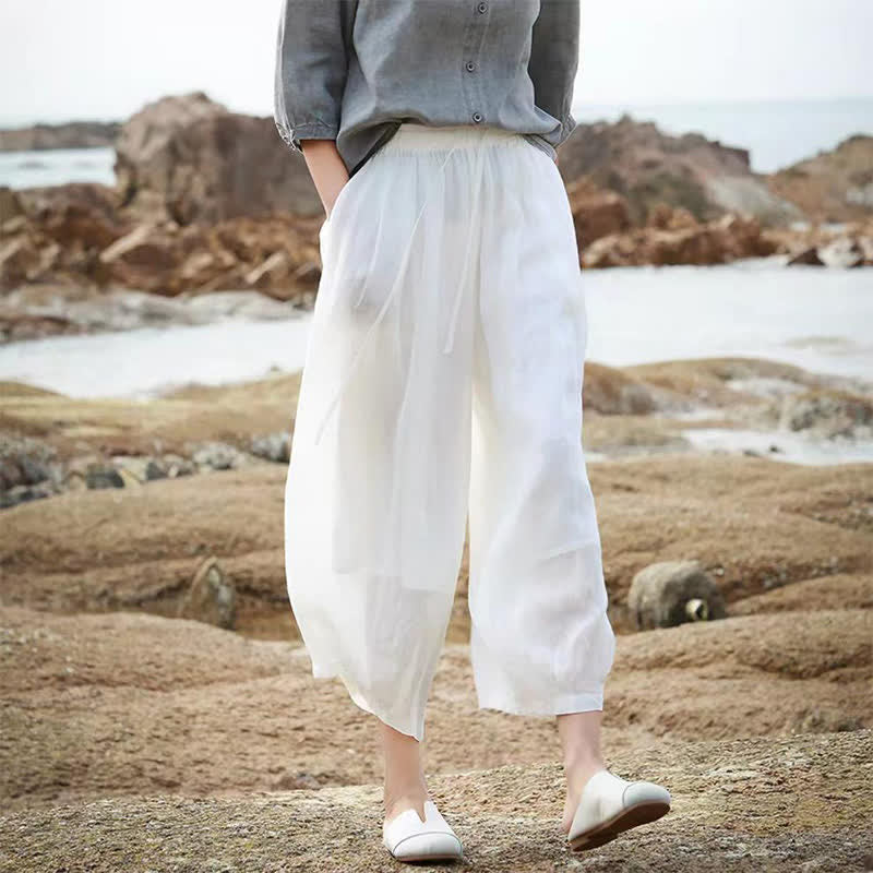 Buddha Stones Lässige Sommer-Caprihose im Boho-Stil mit Kordelzug, einfarbig, Damenhose mit weitem Bein und Taschen - image 51