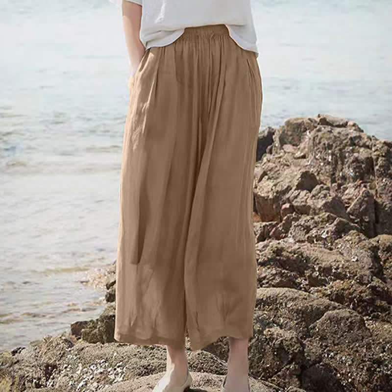 Buddha Stones Lässige Sommer-Caprihose im Boho-Stil mit Kordelzug, einfarbig, Damenhose mit weitem Bein und Taschen - image 5