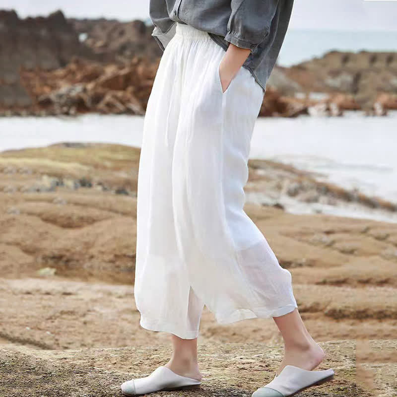 Buddha Stones Lässige Sommer-Caprihose im Boho-Stil mit Kordelzug, einfarbig, Damenhose mit weitem Bein und Taschen - image 54
