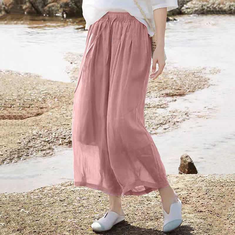 Buddha Stones Lässige Sommer-Caprihose im Boho-Stil mit Kordelzug, einfarbig, Damenhose mit weitem Bein und Taschen - image 33