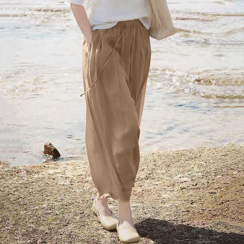 Buddha Stones Lässige Sommer-Caprihose im Boho-Stil mit Kordelzug, einfarbig, Damenhose mit weitem Bein und Taschen - image 7