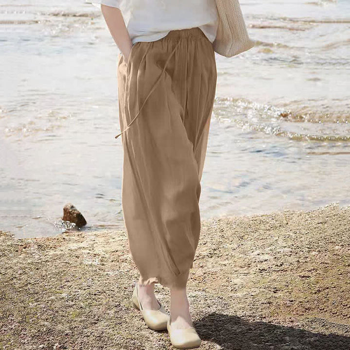 Buddha Stones Lässige Sommer-Caprihose im Boho-Stil mit Kordelzug, einfarbig, Damenhose mit weitem Bein und Taschen - image 7