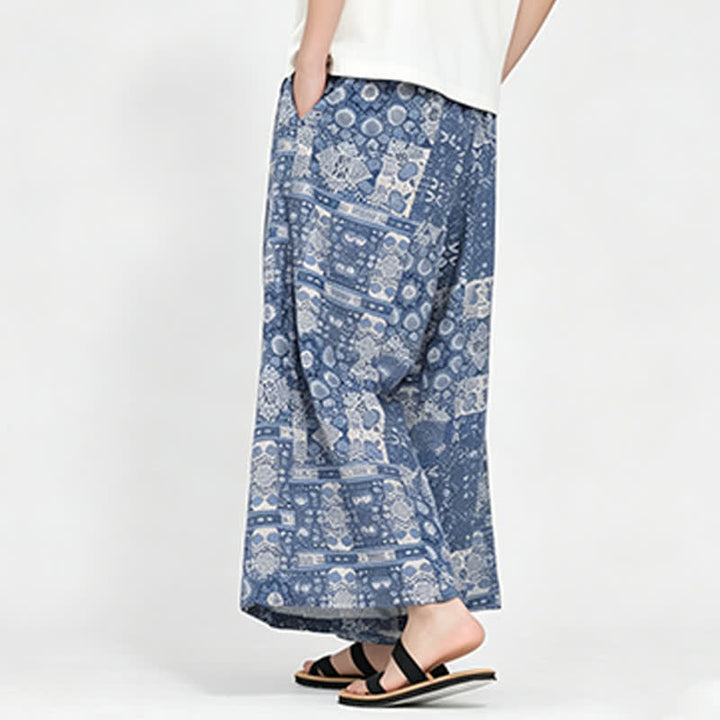 Buddha Stones Sommerliche Boho-Freizeit-Caprihose mit Kordelzug, Blumenmuster, Herrenhose mit weitem Bein und Tasche - image 1