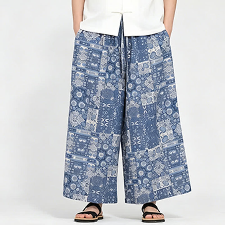 Buddha Stones Sommerliche Boho-Freizeit-Caprihose mit Kordelzug, Blumenmuster, Herrenhose mit weitem Bein und Tasche - image 2