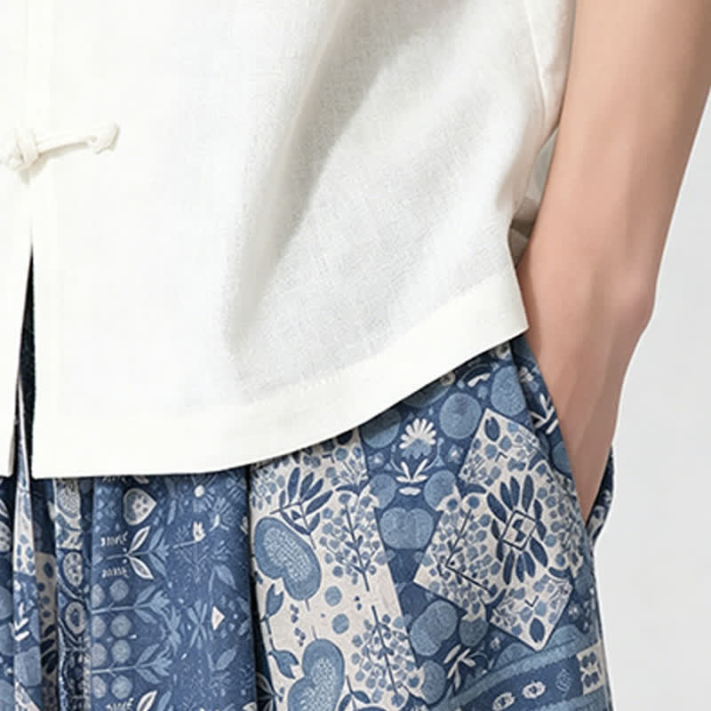 Buddha Stones Sommerliche Boho-Freizeit-Caprihose mit Kordelzug, Blumenmuster, Herrenhose mit weitem Bein und Tasche - image 11