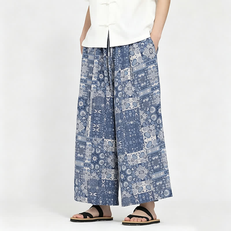 Buddha Stones Sommerliche Boho-Freizeit-Caprihose mit Kordelzug, Blumenmuster, Herrenhose mit weitem Bein und Tasche - SteelBlue - US/UK/AU48, EU58 (5XL) - image 0
