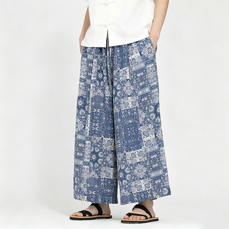 Buddha Stones Sommerliche Boho-Freizeit-Caprihose mit Kordelzug, Blumenmuster, Herrenhose mit weitem Bein und Tasche - image 5