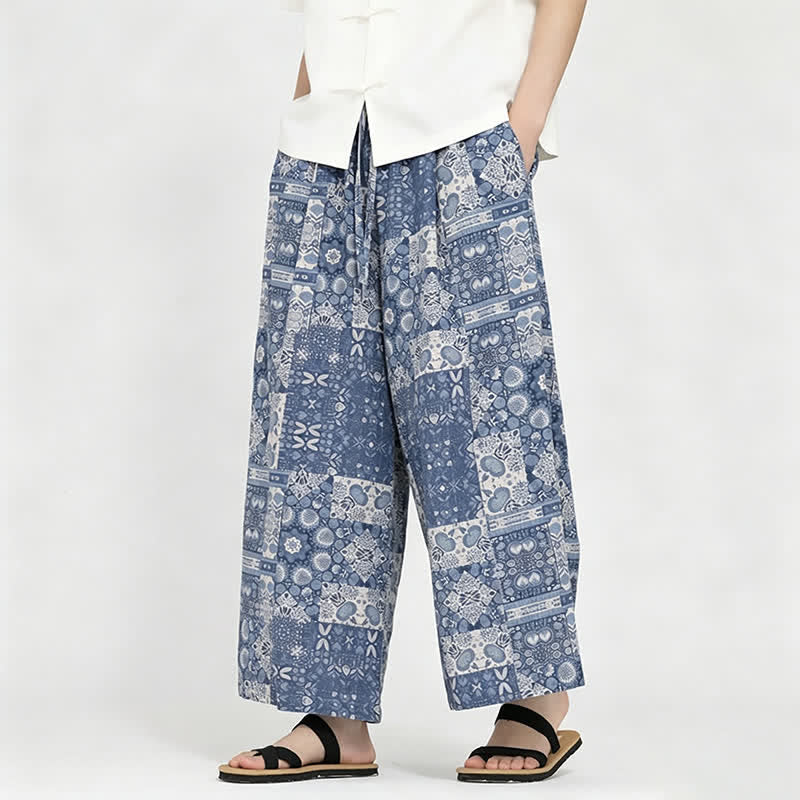 Buddha Stones Sommerliche Boho-Freizeit-Caprihose mit Kordelzug, Blumenmuster, Herrenhose mit weitem Bein und Tasche - image 3