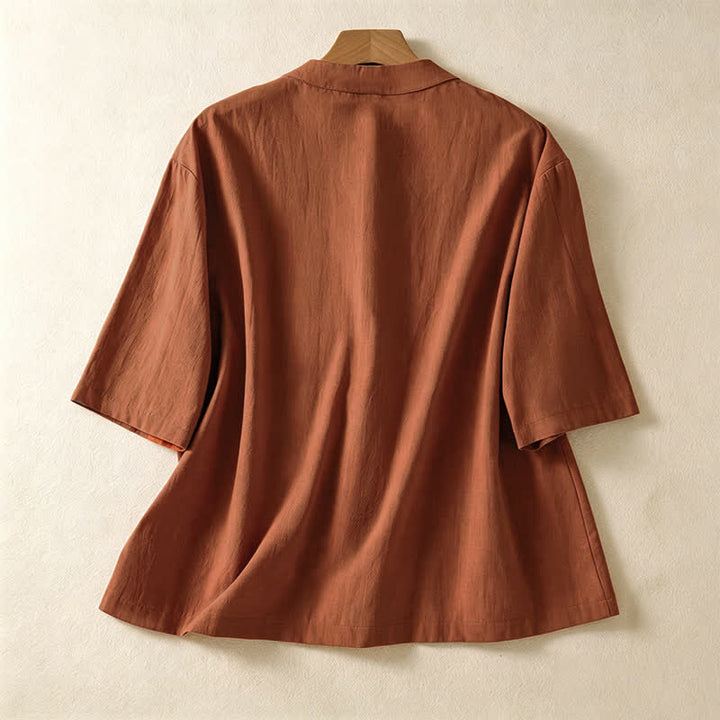 Buddha Stones Sommerliches Tang Style Vintage Damen Kurzarmhemd mit Stehkragen, Froschknopf und Taschen - image 8