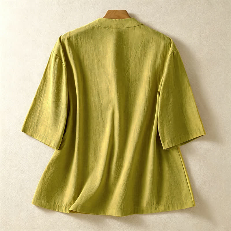 Buddha Stones Sommerliches Tang Style Vintage Damen Kurzarmhemd mit Stehkragen, Froschknopf und Taschen - image 18