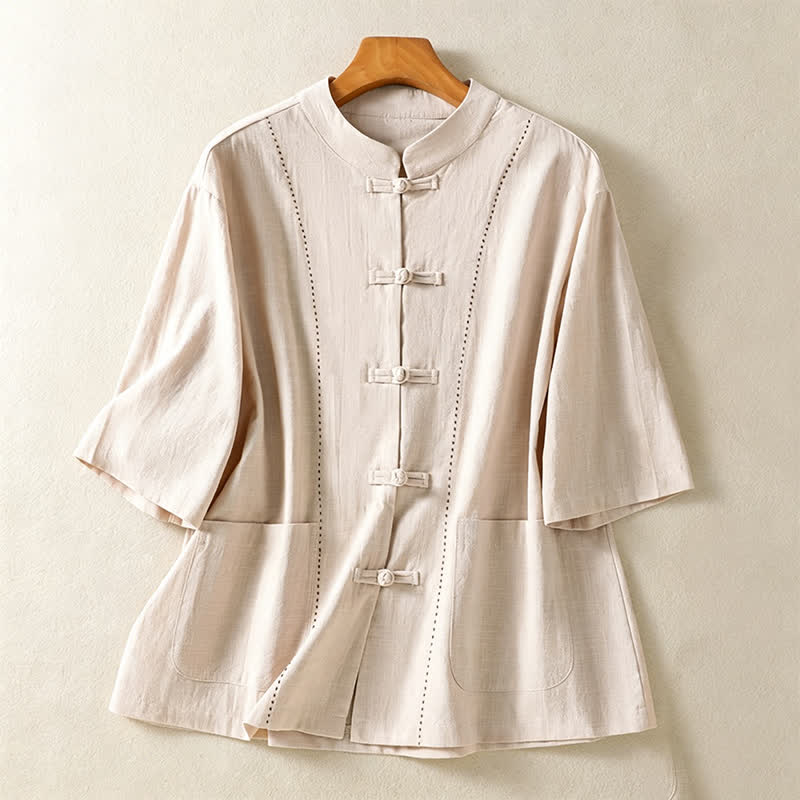 Buddha Stones Sommerliches Tang Style Vintage Damen Kurzarmhemd mit Stehkragen, Froschknopf und Taschen - Beige - US8-10, UK/AU12-14, EU40-42 (2XL) - image 0