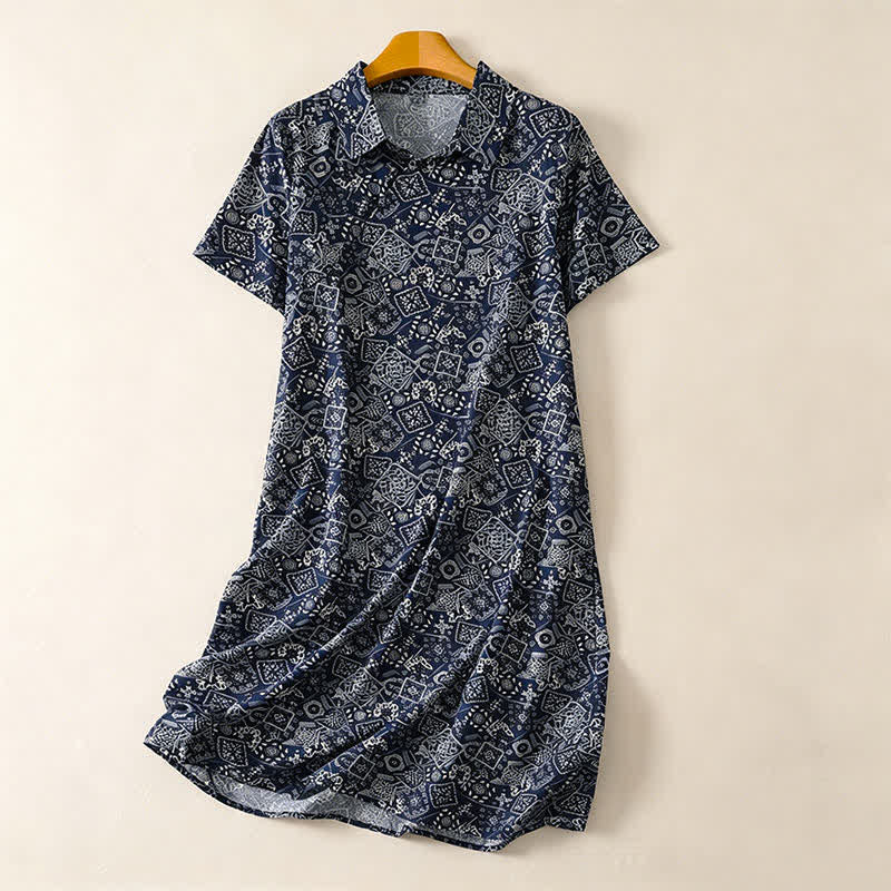 Buddha Stones Sommerliches, lässiges Vintage-Kleid für Damen mit Knopfleiste, geometrischem Muster, kurzen Ärmeln, knielang und mit Taschen - Mitternachtsblau - US12, UK/AU16, EU44 (2XL) - image 0
